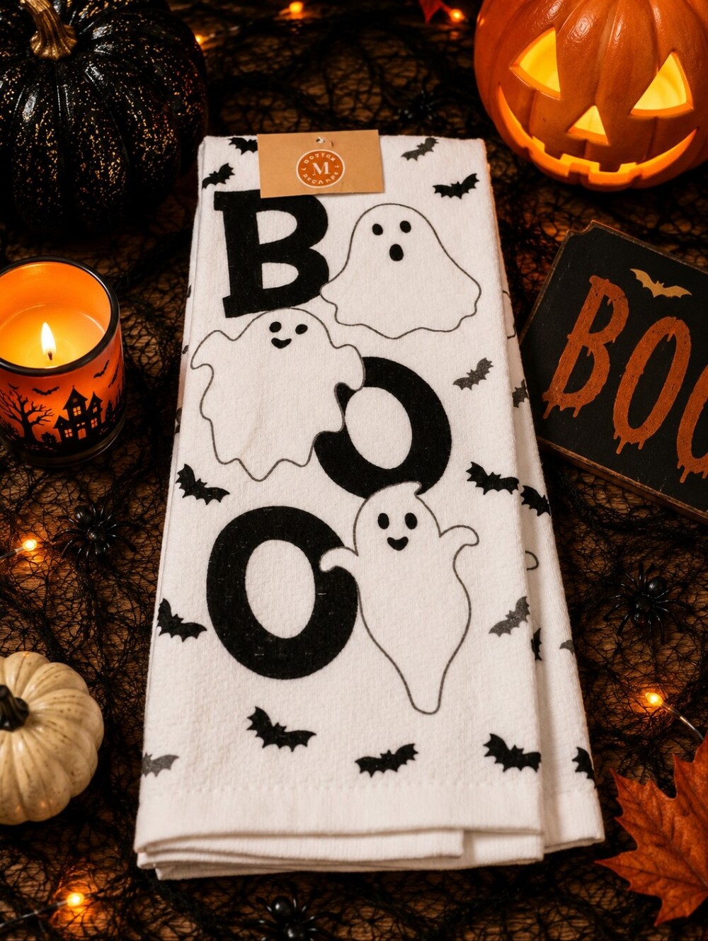 Martha Stewart Halloween Ghosts Black White Bats Cotton Kitchen Towels Set Of 2